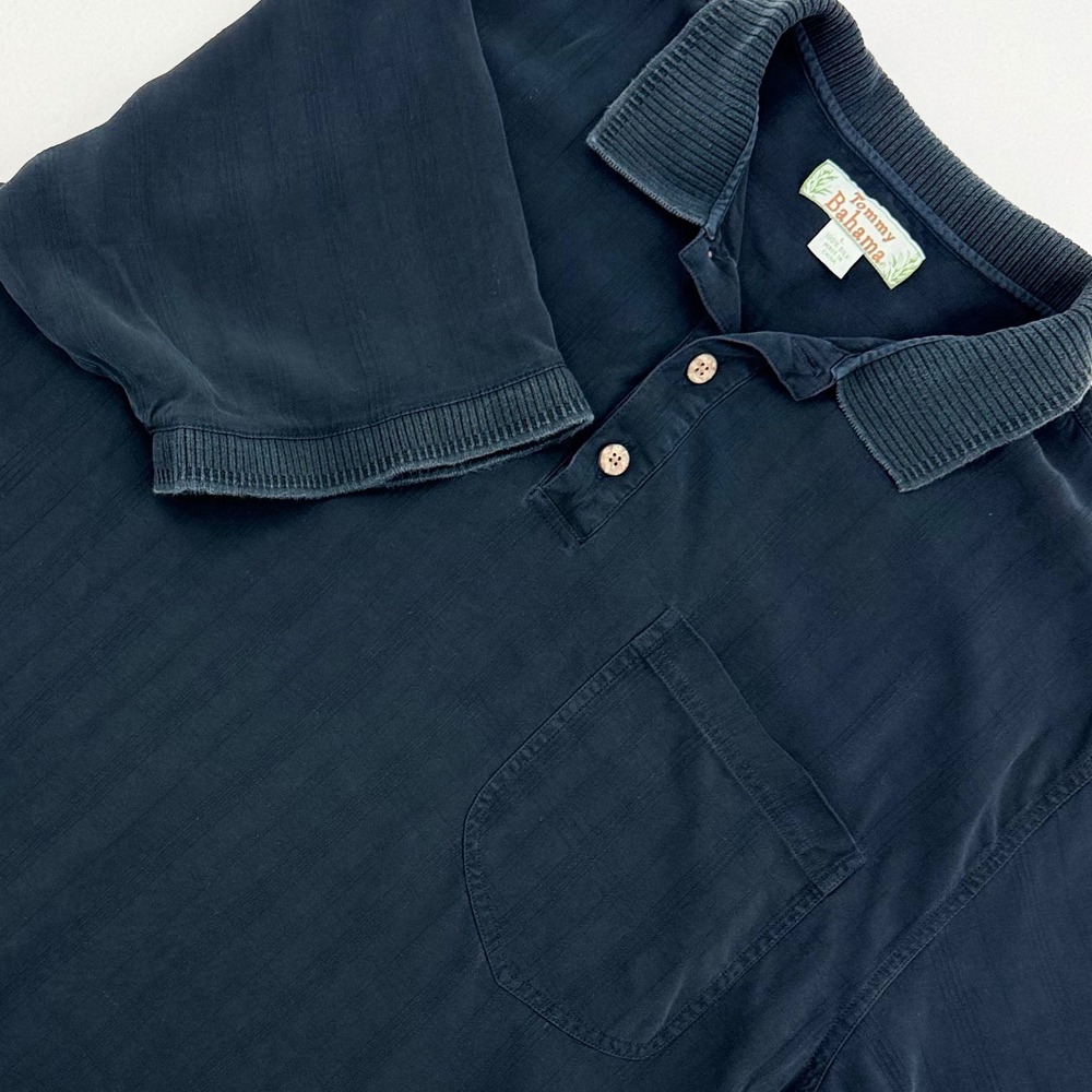 Tommy Bahama Polo Shirt Mens L Black 100% Silk Jacquard Stripe Pocket Excellent